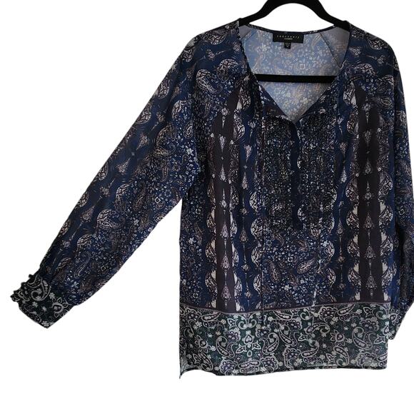 Sanctuary Blouse, Paisley Long Sleeve, Tie neck, long sleeve, size medium - Picture 5 of 12